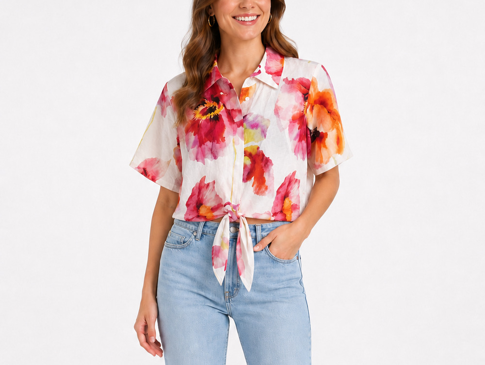 NWT Rachel Zoe Womens M Watercolor FloralTie Front Button Up Crop Blouse